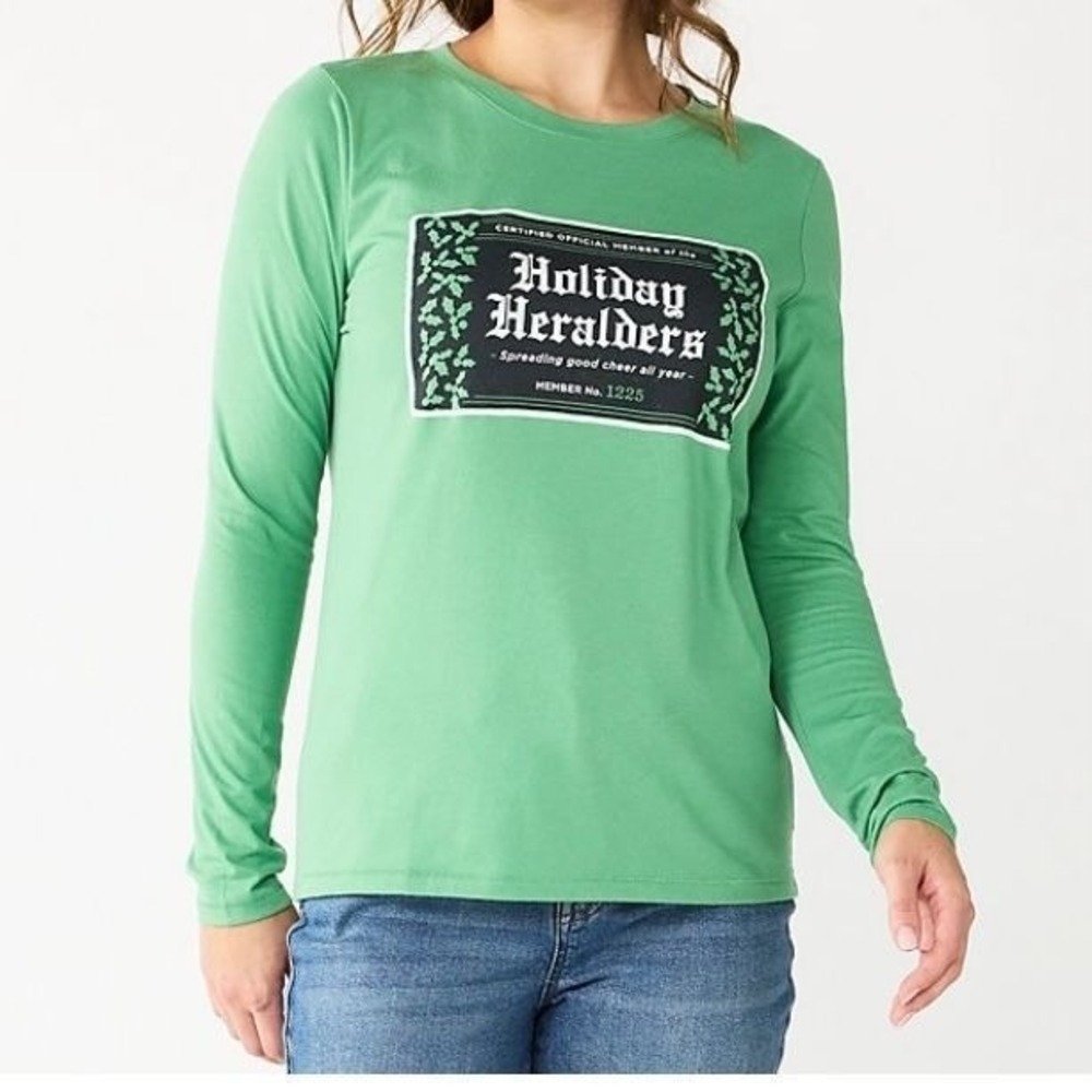 NWT Womens Sonoma Long Sleeve Christmas Graphic Tee Green XS